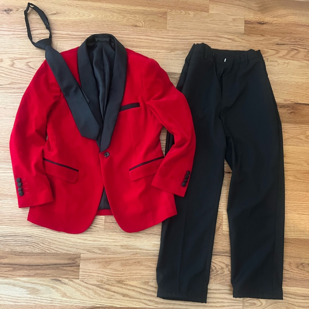Red Shawl Lapel Tuxedo Jacket with Black Trim and Black Trousers